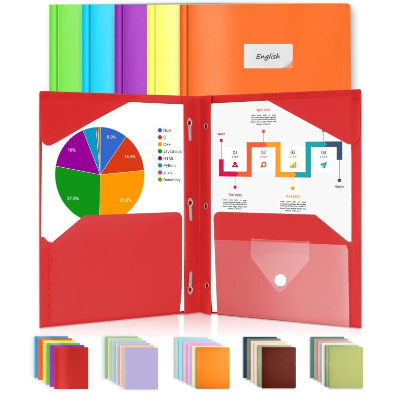 سويز مجموعة من 6 حافظات ملفات Sooez مزودة بمشابك، حافظات بلاستيكية بجيوب إضافية، حافظات ملفات متينة بجيبين و3 مشابك، لوازم العودة إلى المدرسة، مقاس A4، ألوان زاهية - Image 1